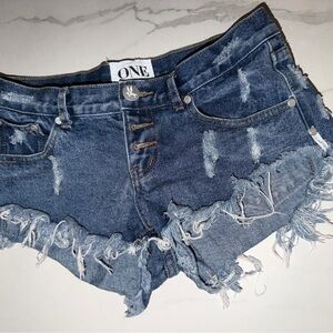 One Teaspoon Blue Frayed Jean Shorts
